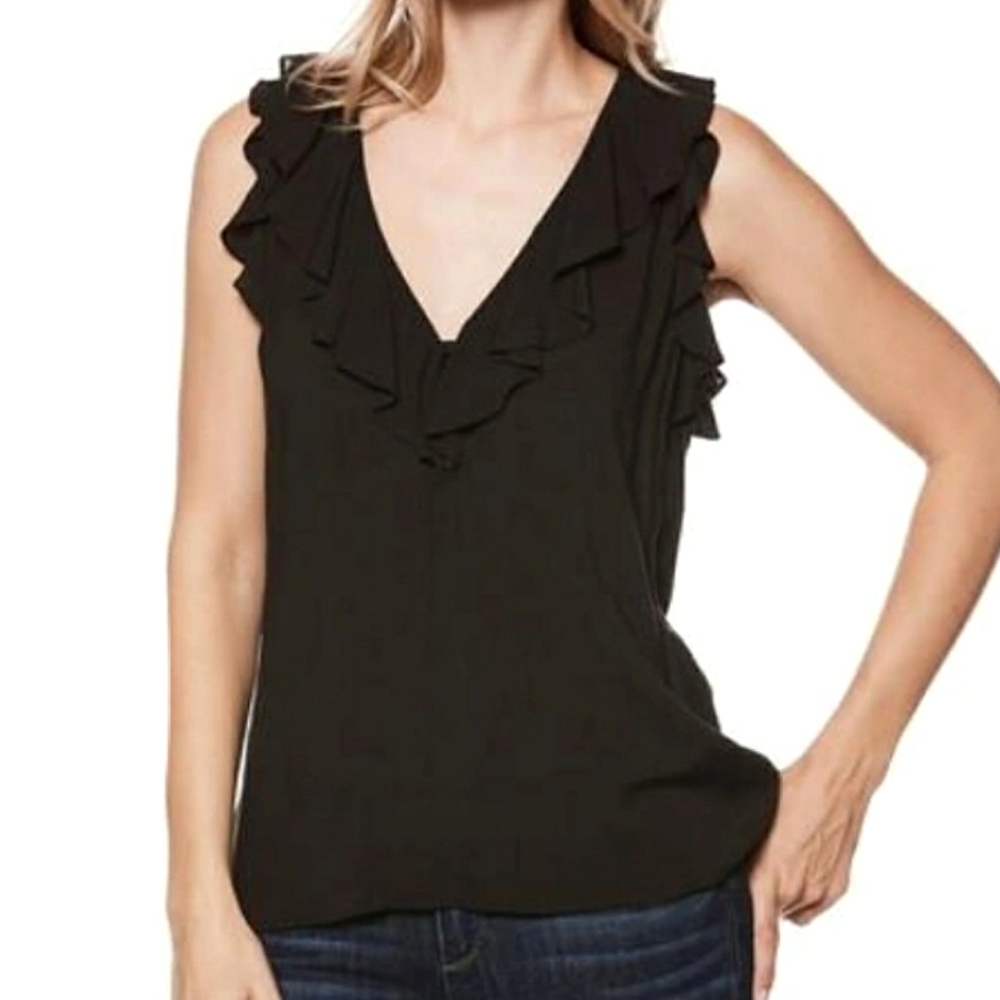 PAIGE Farfalla Sleeveless Ruffle Blouse in Black Animal Print, Size Medium